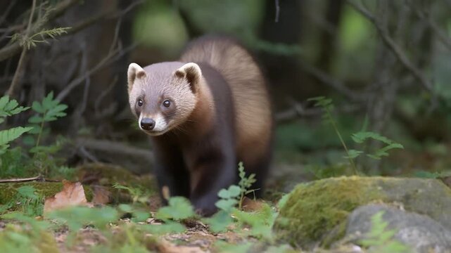 A badger walking in a forest setting, captured in a wildlife photograph.