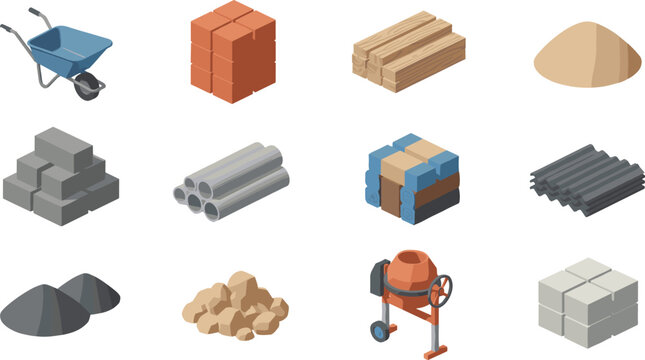 Isometric construction icon set with wheelbarrow concrete mixer bricks timber sand gravel pipes and building material blocks.