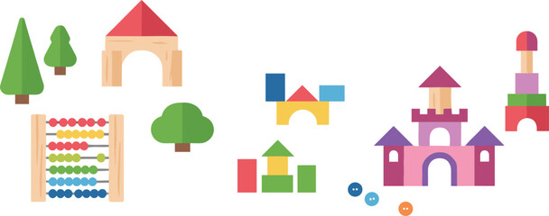 Flat design Montessori toy set featuring wooden abacus castle building blocks pine trees and colorful geometric play pieces.