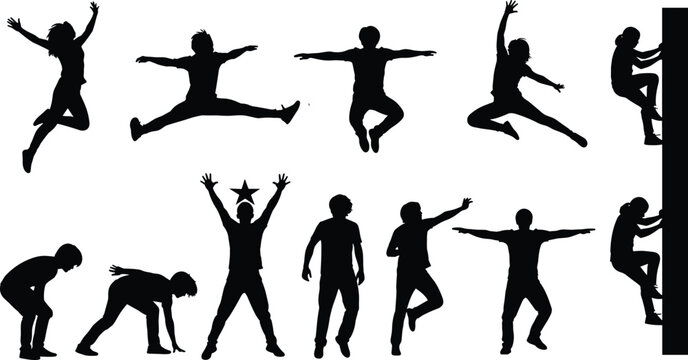 Set of black silhouettes of children jumping climbing and playing, active kids performing parkour and athletic movements, cad drawing flat vector illustration on white background