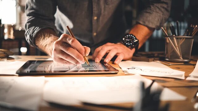 Ux designer drawing interface wireframes on tablet and paper during user experience design process in modern studio