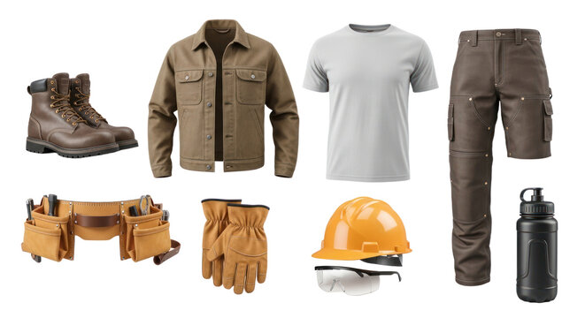 Workwear outfit set with brown boots, jacket, cargo pants, gloves, hard hat, tool belt, white t-shirt, and water bottle, perfect for construction professionals