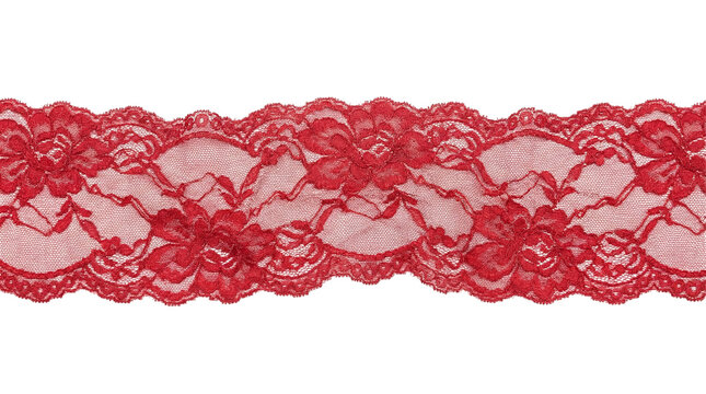 Red floral lace trim ribbon border isolated on transparent background, elegant decorative element for lingerie, wedding, Valentine and craft designs