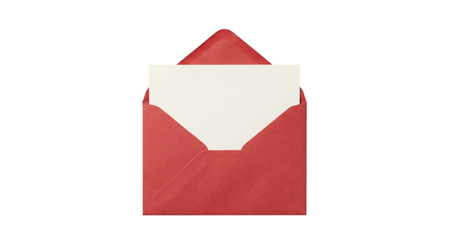 Open red envelope with blank card inside, stationery mockup isolated on transparent background for invitations, love letters and greeting card templates