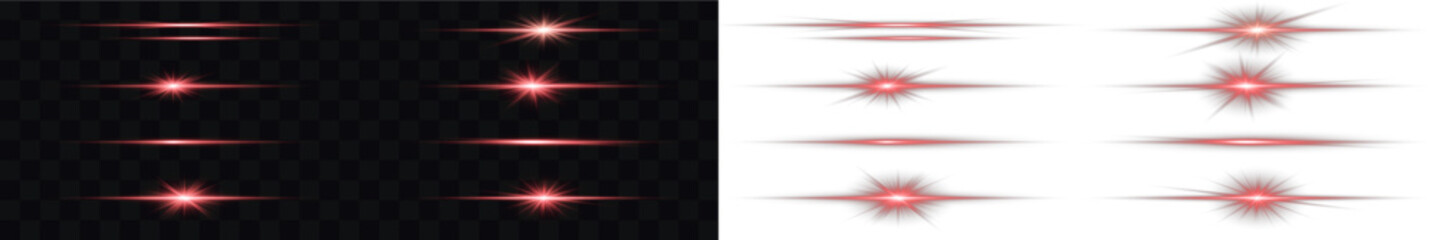 Red glowing horizontal line with soft blur effect for neon highlights. Neon red glowing horizontal line. Thin light lines and streak beams for overlays, UI highlights, speed effects and sci-fi design. © Slava