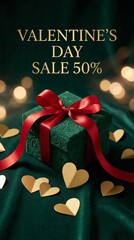 Valentine&rsquo;s Day Sale 50% Off Background with Luxury Green Gift Box and Golden Hearts