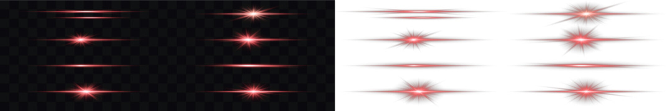Red glowing horizontal line with soft blur effect for neon highlights. Neon red glowing horizontal line. Thin light lines and streak beams for overlays, UI highlights, speed effects and sci-fi design.