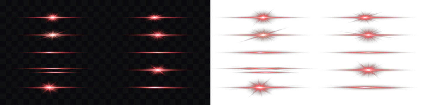 Red glowing horizontal line with soft blur effect for neon highlights. Neon red glowing horizontal line. Thin light lines and streak beams for overlays, UI highlights, speed effects and sci-fi design.
