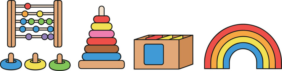 Obraz premium Wooden Montessori learning set featuring a colorful abacus stacking tower rainbow arc and sensory sorting box for toddlers.
