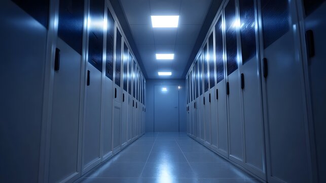 Perspective view down a modern data center corridor illuminated by cool blue lights