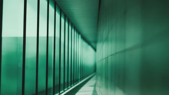 Modern architectural corridor with a clean, minimalist design, featuring parallel lines, strong perspective, and sunlight painting abstract shadows on the interior floor, creating a vanishing point