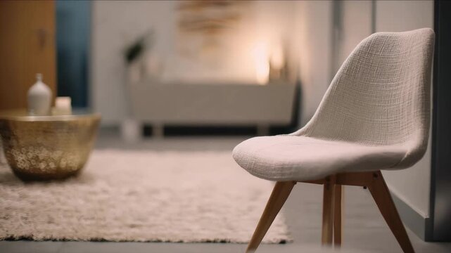 Medium shot of a calming crisis intervention room with a single chair in sharp focus soft neutral walls and blurred minimal decor creating a peaceful atmosphere.