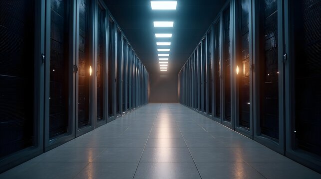 An empty illuminated corridor in a modern data center with rows of server cabinets stretching into the distance