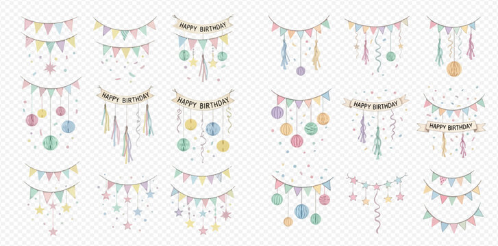Set of pastel-colored birthday garlands, banners, and decorative elements for celebration design.