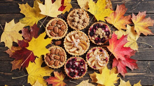 Seamlessly looping high-angle video of various golden and red autumn leaves gently falling around a flat lay arrangement of small dessert tart pies on a dark wooden background harvest, loop, looping