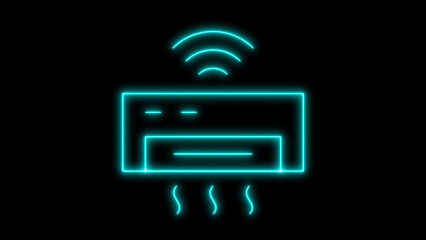 Fototapeta premium Modern neon air conditioner icon with wireless signal and refreshing airflow lines, representing smart home climate control technology, isolated on black background.