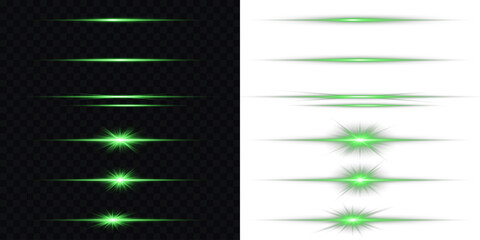 Perfect for dividers, energy effects, UI design or sci-fi highlights. Minimalistic horizontal light effect with sharp gradient and smooth fade at edges. Line neon glowing sign green. Design elements. © Slava
