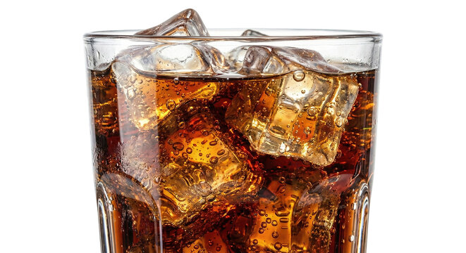 Refreshing cola drink with ice cubes in a glass soda beverage with bubbles isolated on transparent background