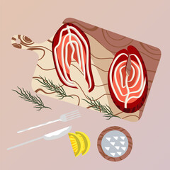 Fresh Salmon Fillets on Wooden Cutting Board with Lemon and Dill