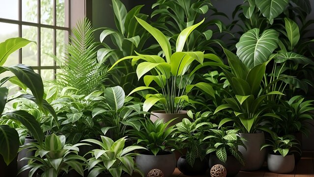 Lush green plants with large leaves in pots on a shelf near a window with natural light