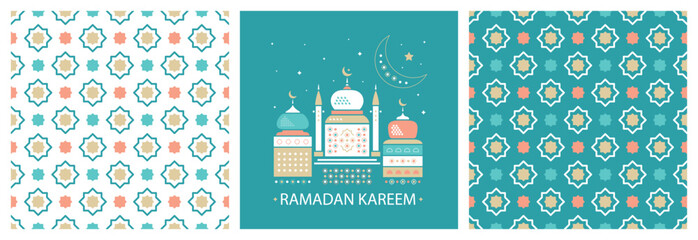 Vector Set of Eight-Pointed Star Tile Ornament Seamless Patterns and Ramadan Kareem Greeting Card . Islamic Design with Mosque, Crescent Moon, Stars