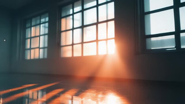 Sunlight beams pouring through a large window, creating striking striped patterns and bright reflections on the polished floor of an empty interior space, evoking a sense of calm and new beginnings
