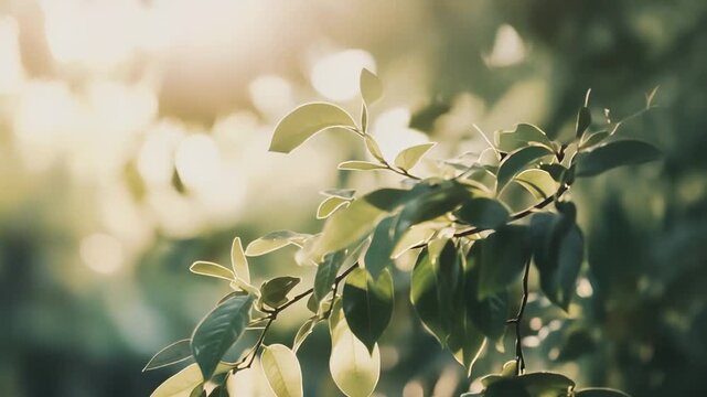 Lush green leaves on a tree branch receiving warm golden sunlight from the bright day, creating a soft, blurry natural bokeh effect and representing concepts of growth, freshness, and nature