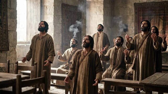 Men receiving holy spirit with tongues of fire in christian religious setting. Biblical event of Pentecost. New testament concept.