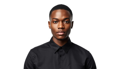 A young serious-looking man with dark skin and short hair wearing a black shirt standing against a plain background on transparent background