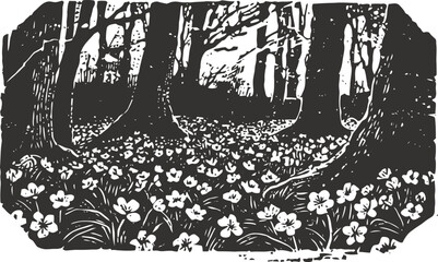 Naklejka premium Black and white woodland scene with blooming wildflowers and tall trees in forest clearing