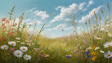 Sunny Meadow Landscape with Wildflowers and Blue Sky