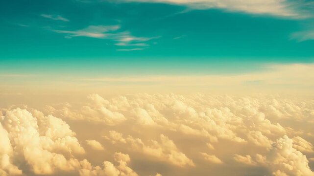 Vast sepia tinged sky with soft fluffy clouds stretching to the horizon, evoking peaceful, dreamy travel and freedom above in a warm, vintage blue atmosphere