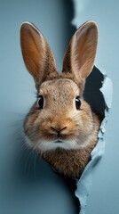 Fototapeta premium Front-Facing Easter Bunny Peeking Through Torn Blue Paper: Cute Spring Portrait for Easter Campaigns and Family Holidays