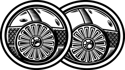 Obraz premium Two overlapping circular vehicle wheels with detailed spokes and tread patterns are depicted in a bold graphic style.
