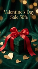 Naklejka premium Valentine’s Day Sale 50% Off Background with Luxury Green Gift Box and Golden Hearts
