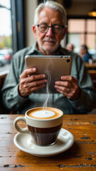 Senior man using tablet in a warmly lit cafe with steaming cup of coffee on an old wooden table in foreground
