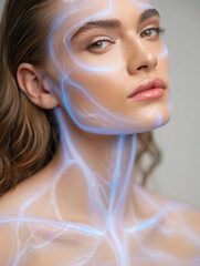 Striking portrait of a young woman with glowing blue light patterns on her skin resembling bioluminescent vascular or nervous system. Ethereal effect blends human biology with a sci-fi aesthetics