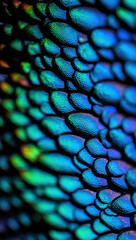 Abstract macro shot of intricate, overlapping scales of a butterfly wing. The textured surface shimmers with iridescent colors, creating a mesmerizing jewel toned effect. Delicate natural structure
