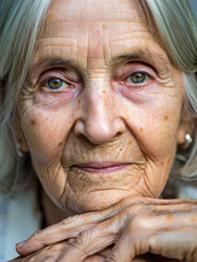 Closeup portrait of an elderly woman with deep-set wrinkles keeps hands beneath her chin, showcasing age spots and textured skin. Weary expression, capturing a lifetime of stories