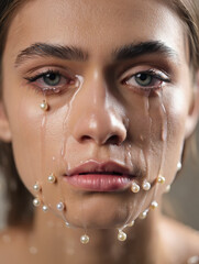 Striking portrait of a crying young woman face covered in glistening, translucent tears that drips and transform into delicate pearls, attached as droplets on her cheeks. Surreal, ethereal aesthetic