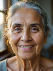 Close-up portrait of an elderly woman with silver hair, radiating warmth through a genuine, toothy smile. Granny with dark, expressive eyes