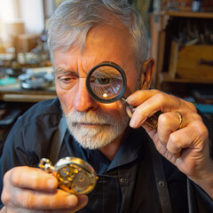 Close-up portrait of an elderly watchmaker intently examining the intricate internal gears of a gold pocket watch. Skilled man carefully looks through a handheld magnifying glass