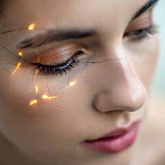 Macro portrait of a young woman face with her skin cracked like porcelain, and a warm, golden light glowing from within the fissures, creating a surreal aesthetic