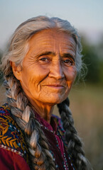 Close-up outdoors portrait of an elderly woman indigenous American or Andean descent. Senior female with deep wrinkles and warm, knowing smile and long, grey hair styled in two thick braids