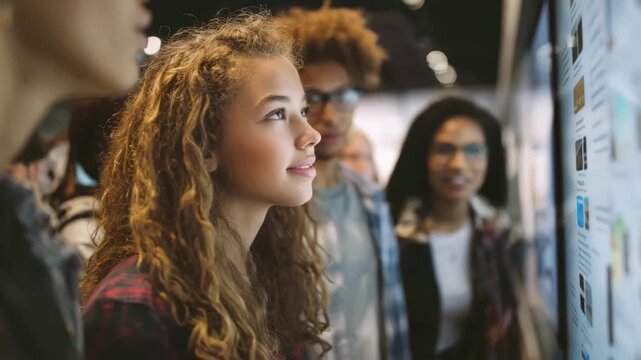 Group of diverse teens using a touchresponsive educational wall for language practice one teen sharply focused while peers and interactive content blur around.