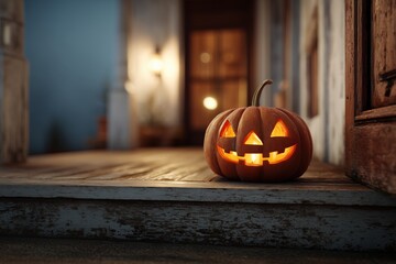 Obraz premium A glowing jack-o'-lantern sits on a wooden porch, casting a warm light, surrounded by a cozy, inviting Halloween atmosphere.