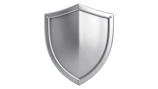 A shiny silver shield symbolizing protection security and defense on a blank background