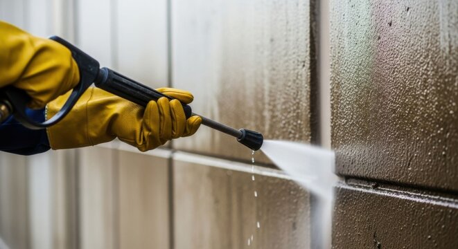 Worker in yellow gloves cleaning building wall with high pressure washer. Concept of power washing service.