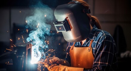 Naklejka premium Woman welder at work in factory, sparks and smoke during welding. Blue collar industrial worker. Handcraft and heavy metal fabrication.