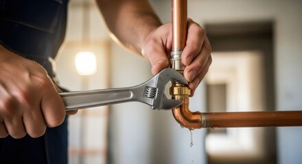 Plumber repairing a leaking copper pipe with a wrench. Male worker concept for household maintenance and repair service.